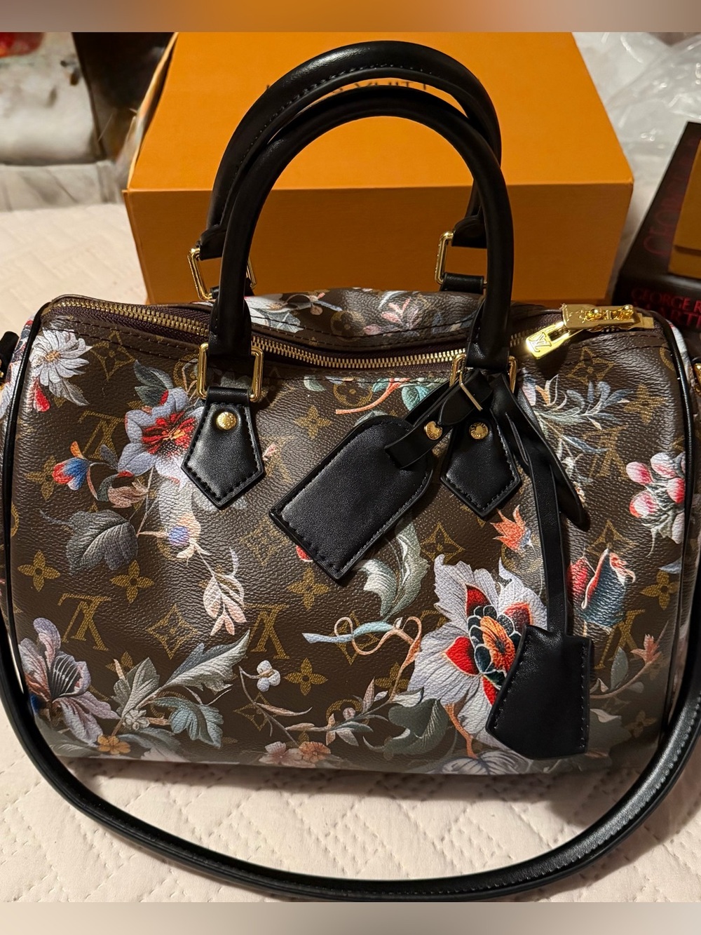 Beautiful Floral Satchel Handbag - Brown/Black